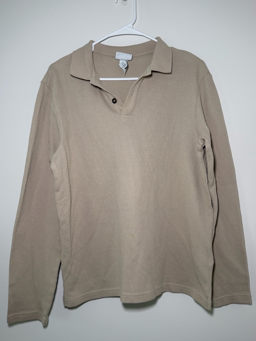 H&M Beige Fine Knit Waffle Long Sleeve Polo Shirt Men’s